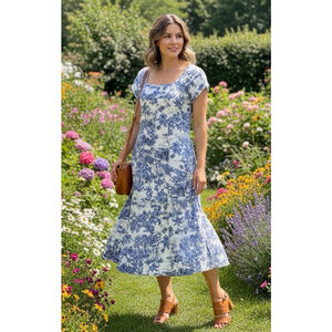 Joie Floral Toile Midi Dress Sz 16 Blue White Party Travel Resort Brunch A-line
